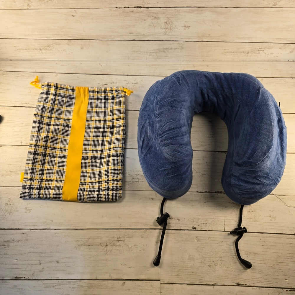 Cabeau Evolution Memory Foam Travel Neck Pillow Blue with Plaid Storage Bag